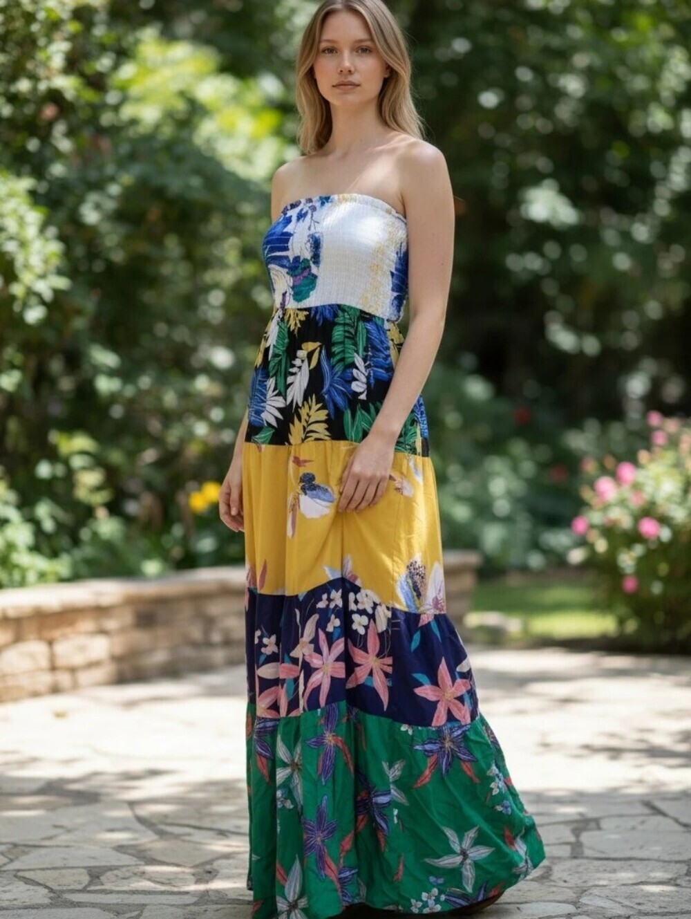 Strapless Multi-Color Floral Tiered Maxi Dress Size Small